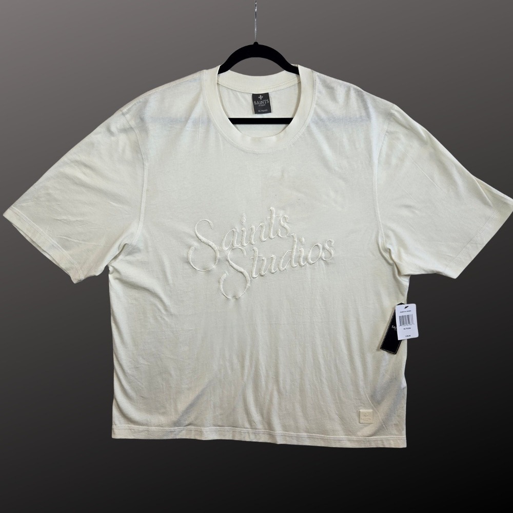 NWT Saints Studio T-Shirt Mens XL Cream Streetwear Embroidered Script Logo Boxy